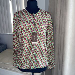 MALIPARMI CARDIGAN Cotton KNIT  Pink Green Leaf Metallic Button ITALY L